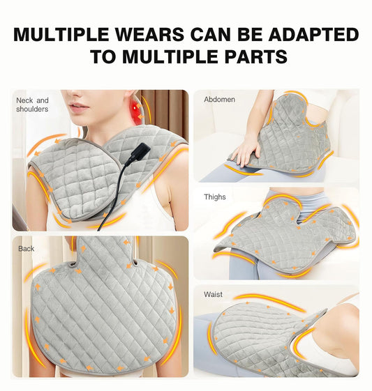 Grey wearable wrap shown positioned around the neck and shoulders, back, abdomen, thighs and waist