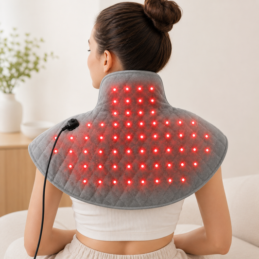Rear view of model wearing illuminated Ververay Neck and Shoulder Wrap