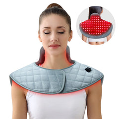 Person wearing a grey neck and shoulder wrap with illuminated light elements