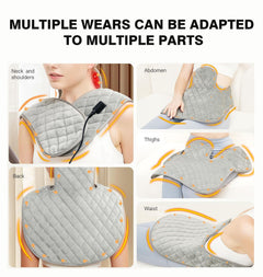 Grey wearable wrap shown positioned around the neck and shoulders, back, abdomen, thighs and waist