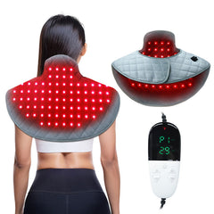 Grey neck and shoulder wrap shown from the back with illuminated light elements and wired controller