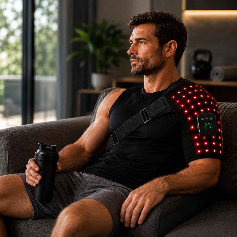 Model wearing Ververay shoulder recovery wrap relaxing at home
