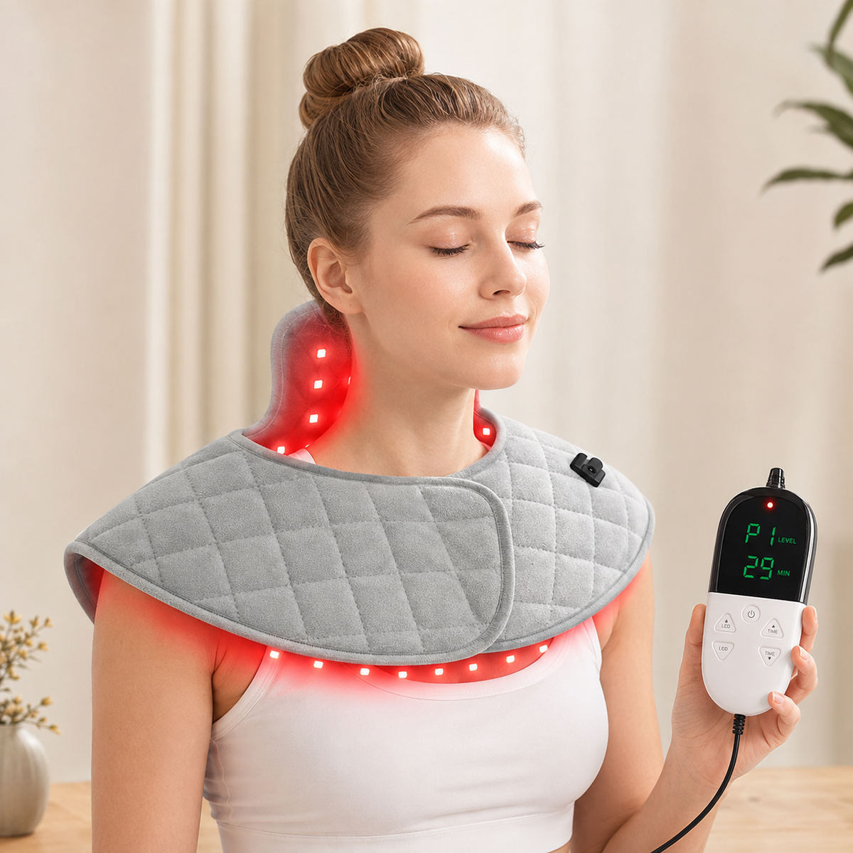 Model wearing Ververay neck and shoulder wrap during quiet recovery routine