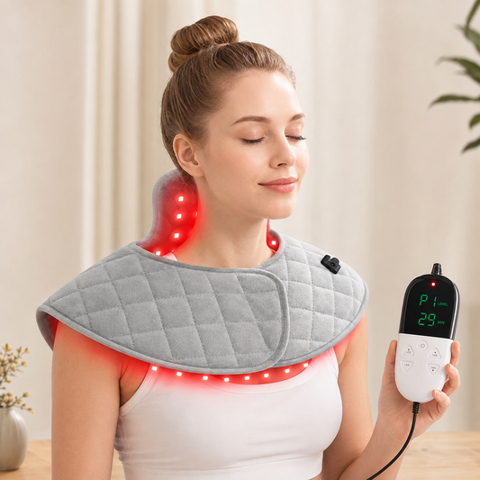 Model wearing Ververay neck and shoulder wrap during quiet recovery routine