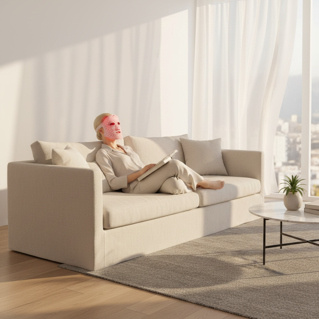 Model Relaxing with Pink LED Mask on Sofa - Reading