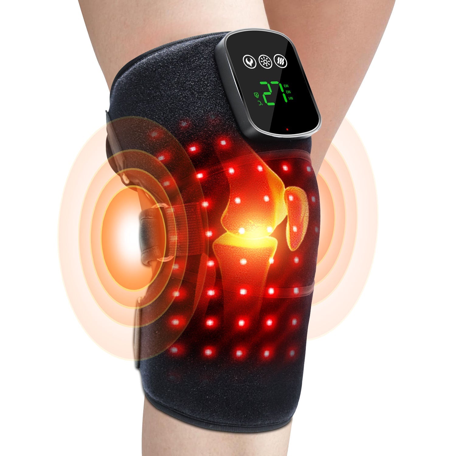 Black wearable knee wrap with illuminated light elements and attached digital controller
