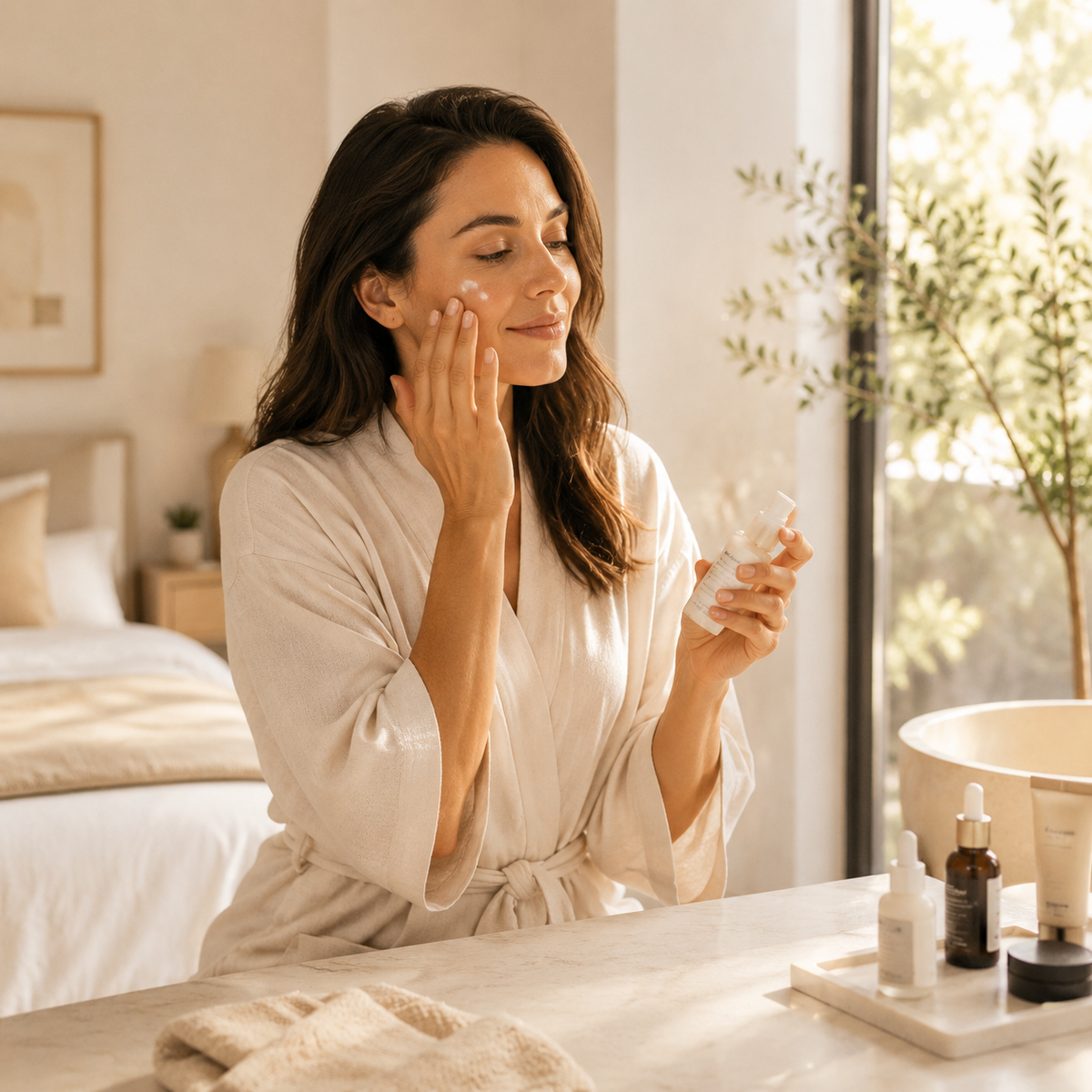 Person using a Ververay Skin Glow product during an at-home beauty routine